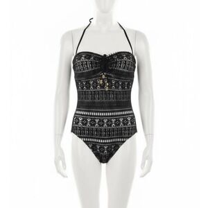 Chaps One Piece Swimsuit Black White Womes Size 14 Halter RN 52419 Crochet